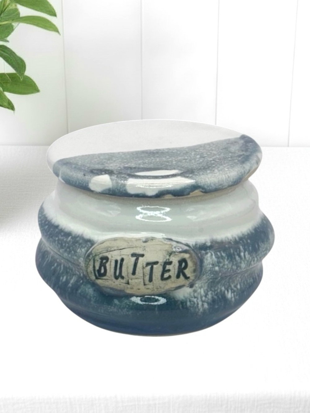 Pottery Butter Crock 5 Lines Art Lidded Stoneware Glazed Dish Farmhouse 4”